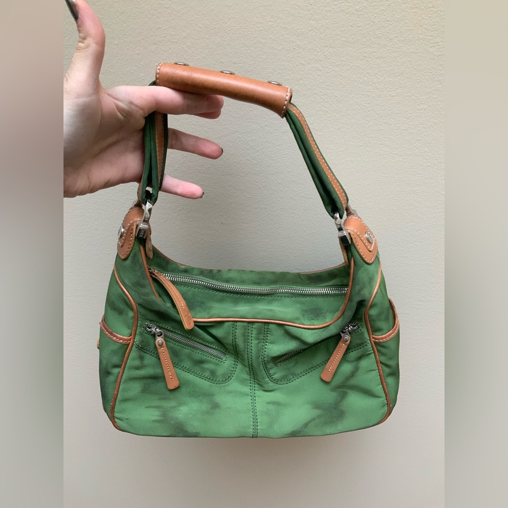 Vintage TODS Designer Nylon Leather Green Small Shoulder Purse Authentic